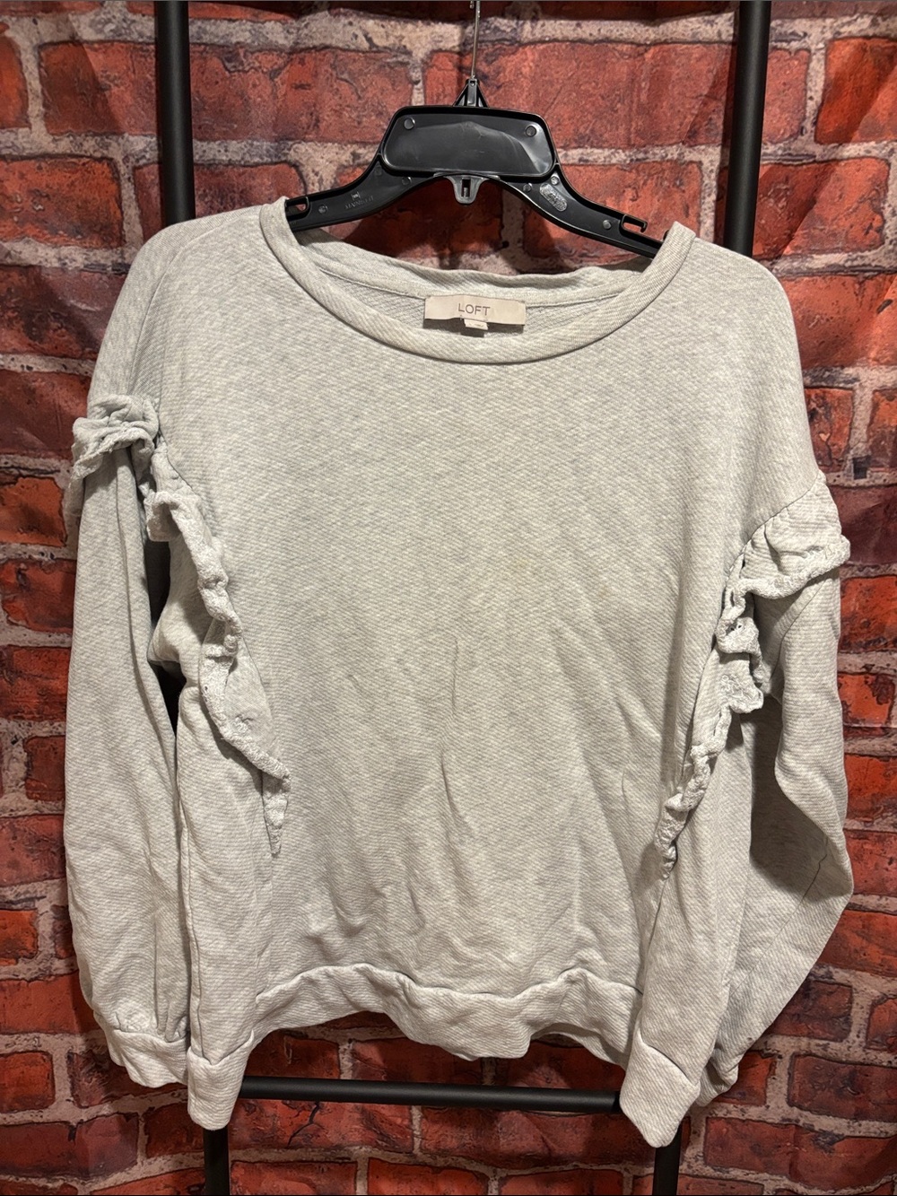 LOFT Light Gray Ruffle-Trim Pullover Sweatshirt